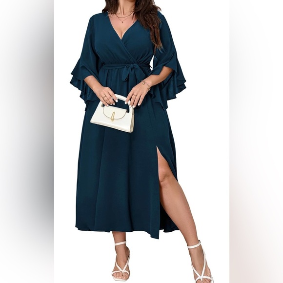 cicidudu Dresses & Skirts - Deep Teal Wrap Midi Dress 2XL Wedding Guest Ruffle Sleeve Dress